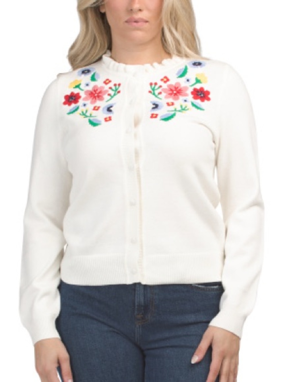Marled Cream Cardigan with Bright Floral Embroidery